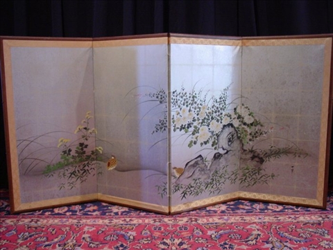 Appraisal: CHINESE FOUR PANEL SCREEN Natural wood frame and silver colored