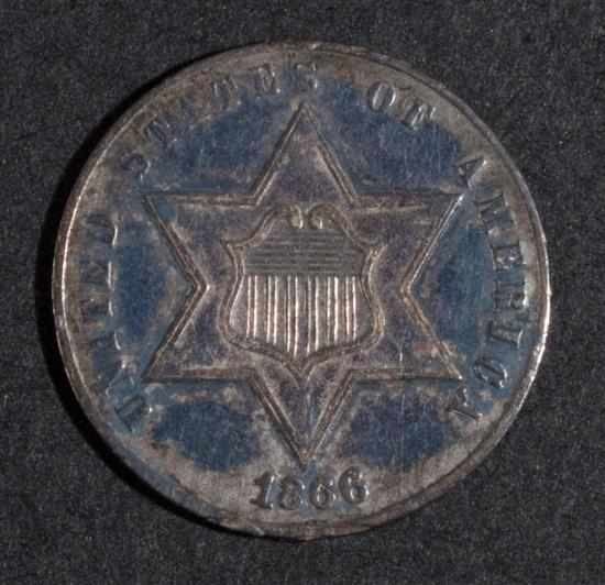 Appraisal: United States silver three-cent piece EF- with iridescent toning Estimate