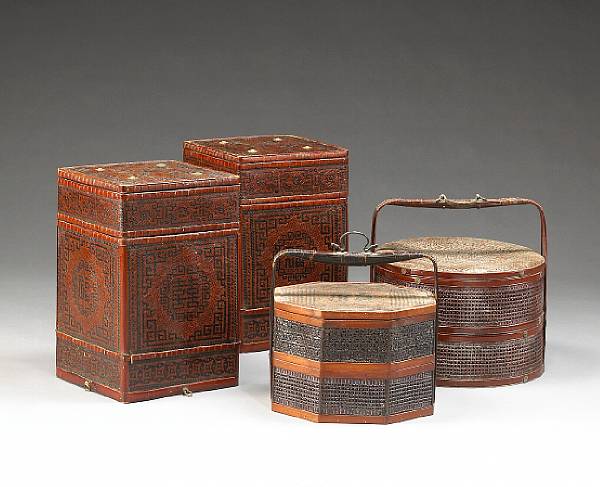 Appraisal: Four fine bamboo containers and baskets Republic Period Including a