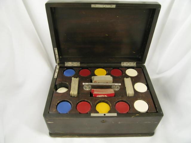 Appraisal: Antique Poker Chip Set in Mahogany Case lift out rack