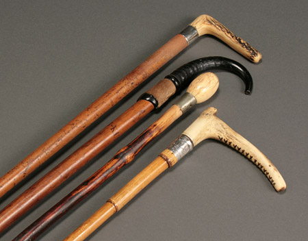 Appraisal: Group of Three European Horn-Handled Walking Sticks and a Crop