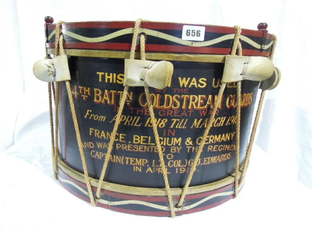 Appraisal: A Coldstream Guards drum bearing the inscription 'This Drum Was