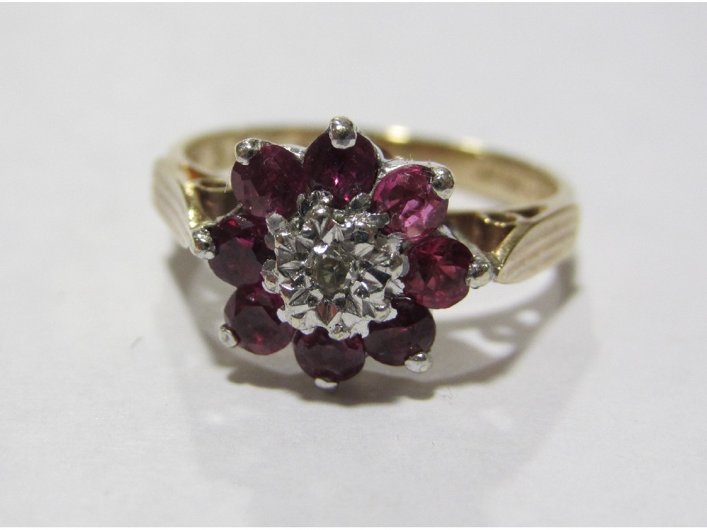 Appraisal: Nine carat gold ruby and diamond cluster ring