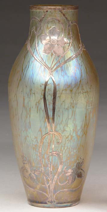 Appraisal: LOETZ SILVER OVERLAY VASE Beautiful Loetz vase has gold iridescent