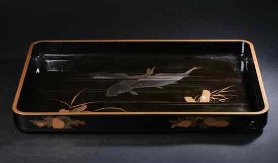 Appraisal: JAPANESE GILT AND BLACK LACQUERED TRAY Meiji period With carp