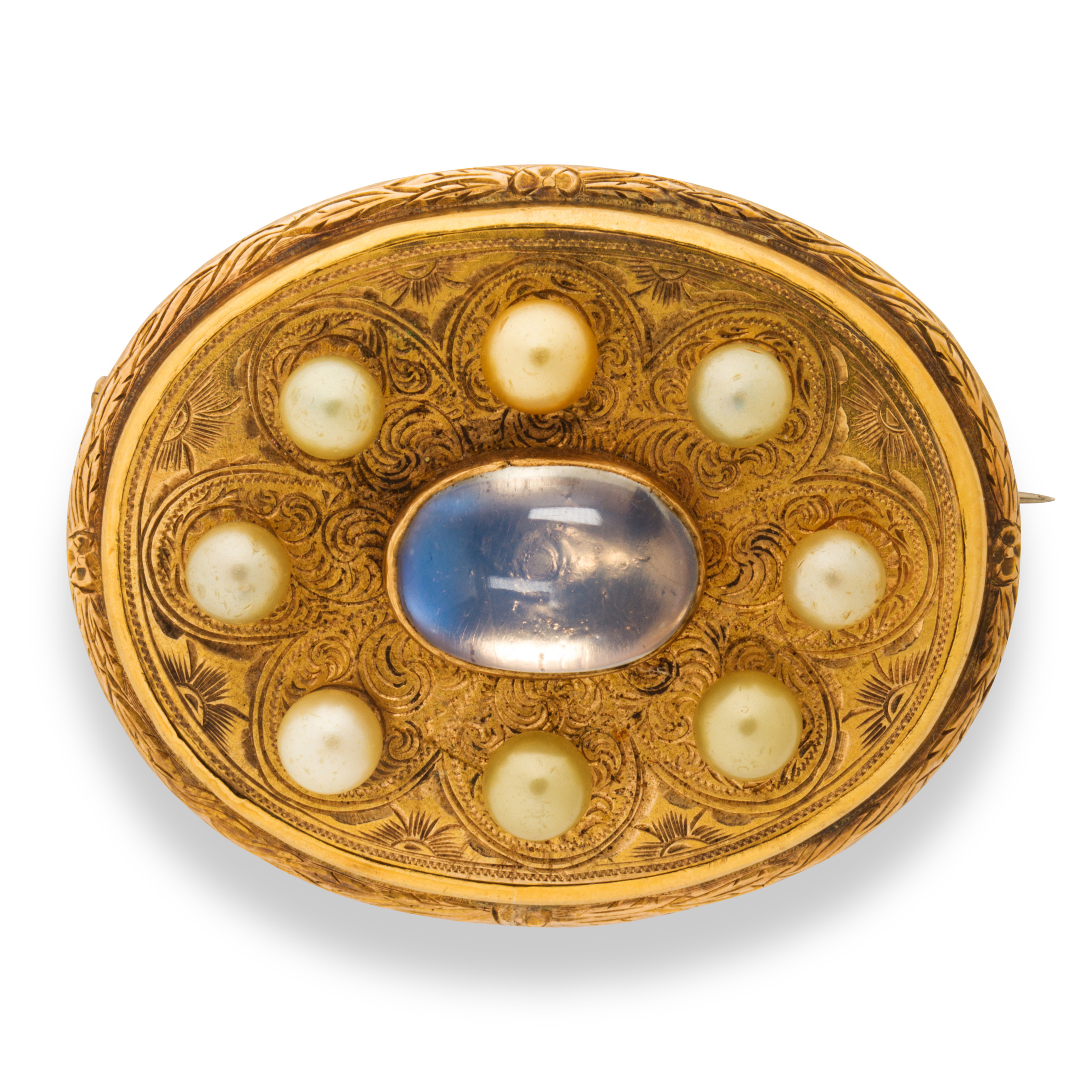 Appraisal: A CULTURED PEARL MOONSTONE AND FOURTEEN KARAT GOLD BROOCH A