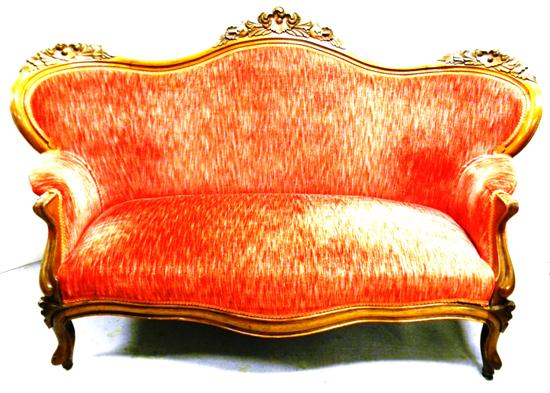 Appraisal: Victorian settee shaped back floral and scroll decoration red velvet