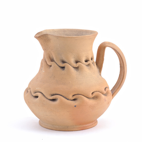 Appraisal: GEORGE OHR Pitcher of bisque clay crisply manipulated with two