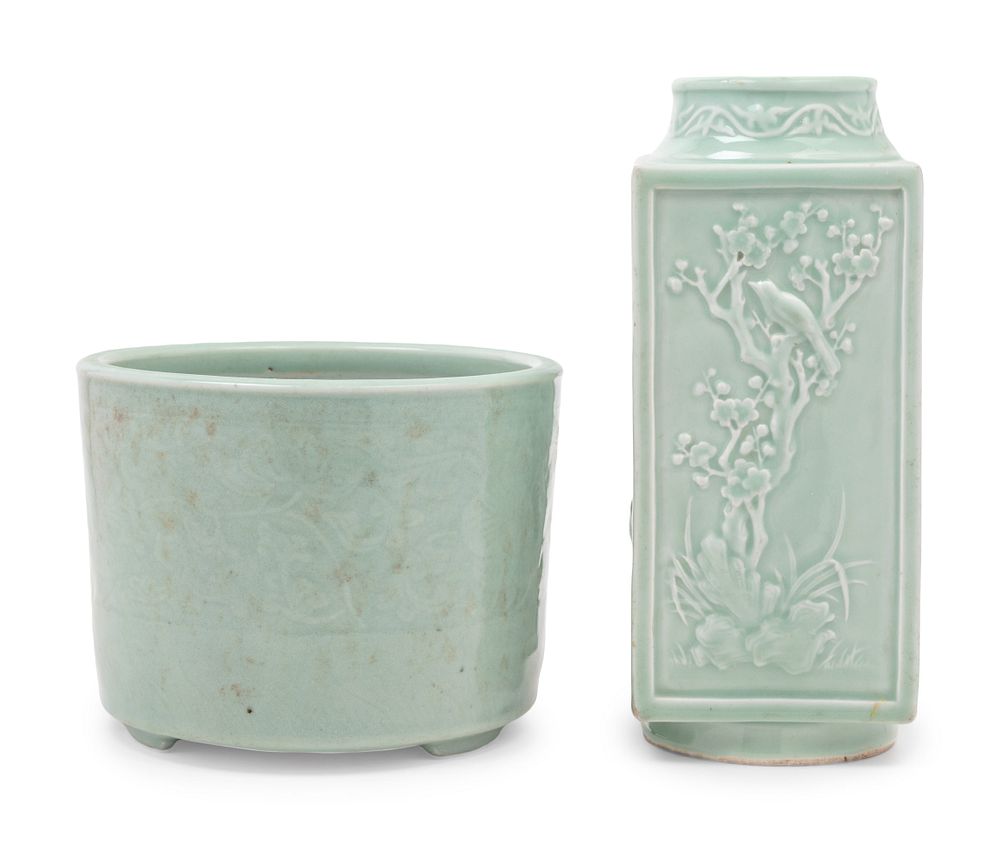 Appraisal: Two Chinese Celadon Porcelain Articles Two Chinese Celadon Porcelain Articles