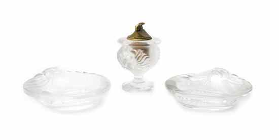 Appraisal: Three Lalique Frosted and Molded Glass Articles comprising a pair