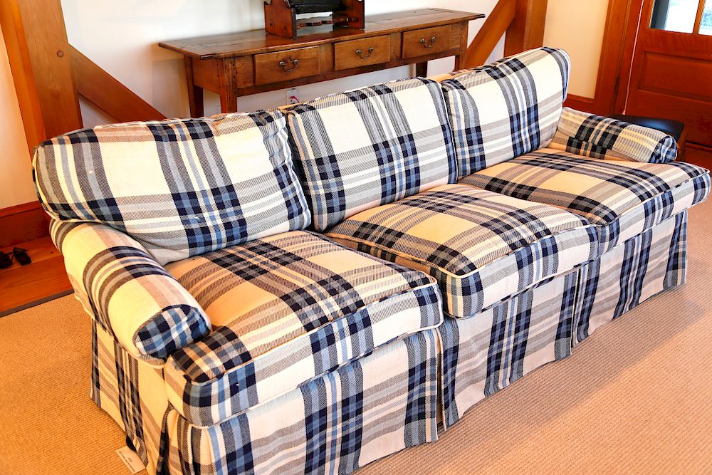 Appraisal: Blue and Creme Glenn Plaid Skirted Six-Cushion Sofa Exclusive on