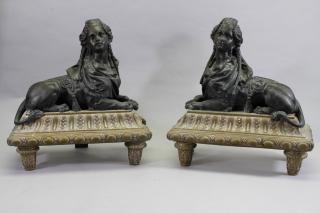 Appraisal: Antique French Bronze Sphinx Form Chenet Antique French Bronze Recumbent