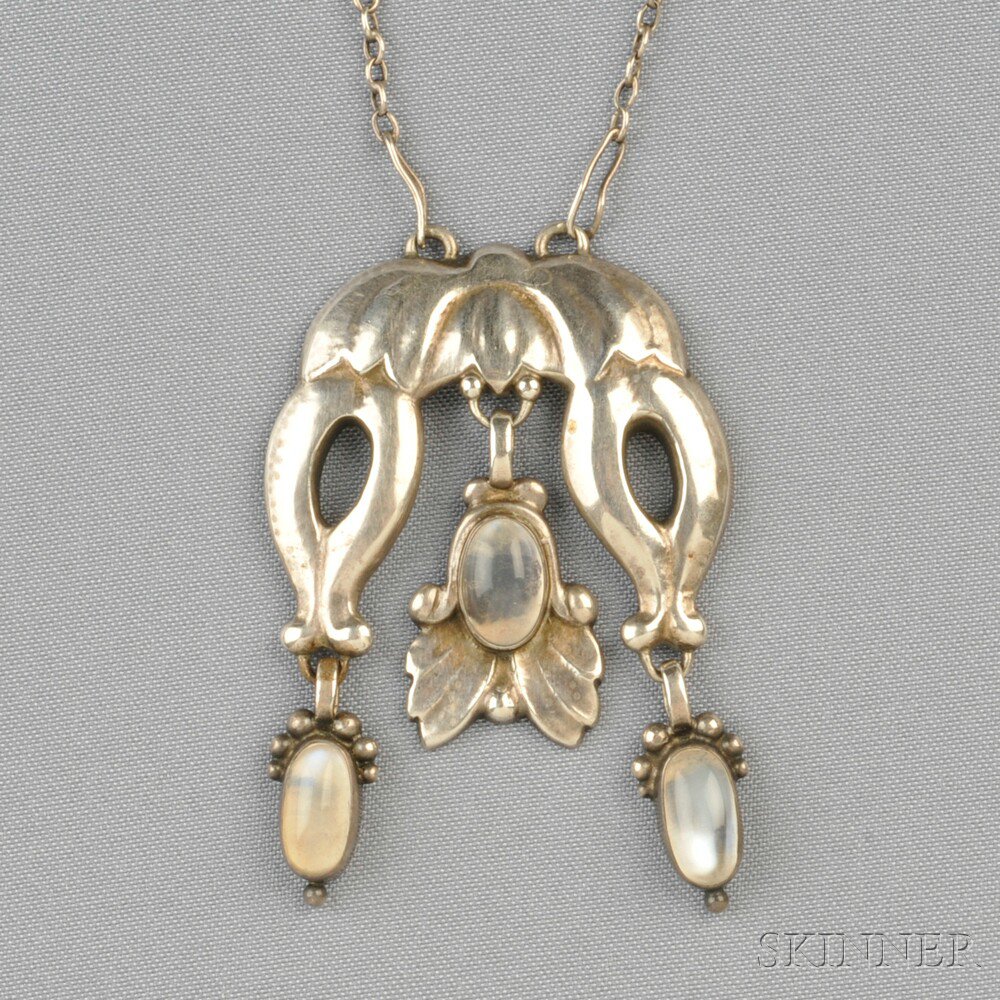 Appraisal: Silver and Moonstone Pendant Georg Jensen the bud motifs set