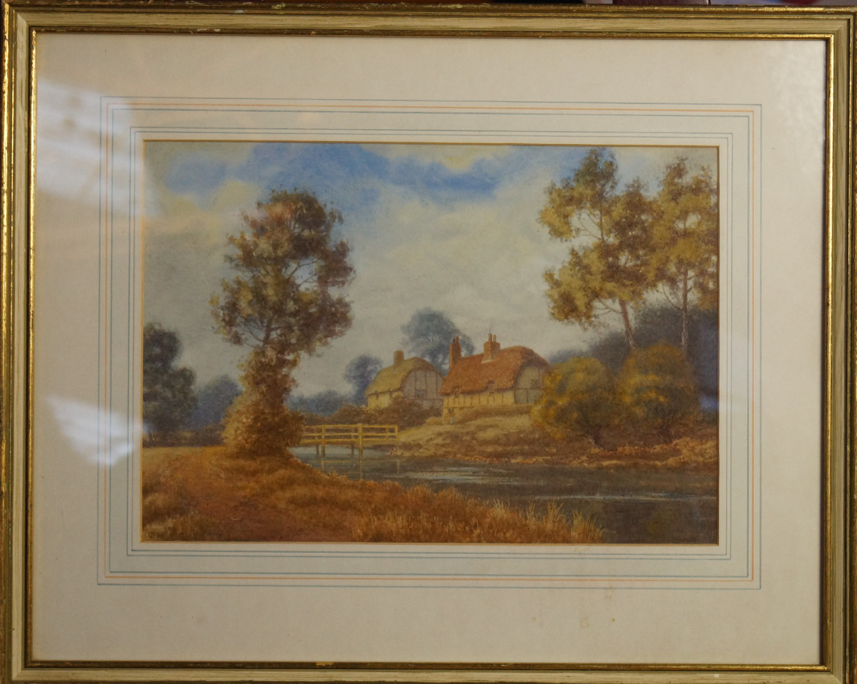 Appraisal: Leslie G Meland British thC Riverscape with two thatched cottages