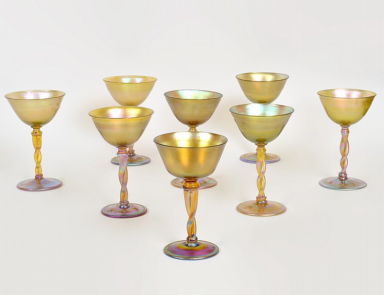 Appraisal: EIGHT TIFFANY IRIDESCENT GOLD GLASS WINESCirca Incised L C T