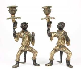 Appraisal: Two painted gilt brass candlesticks Late th early th century