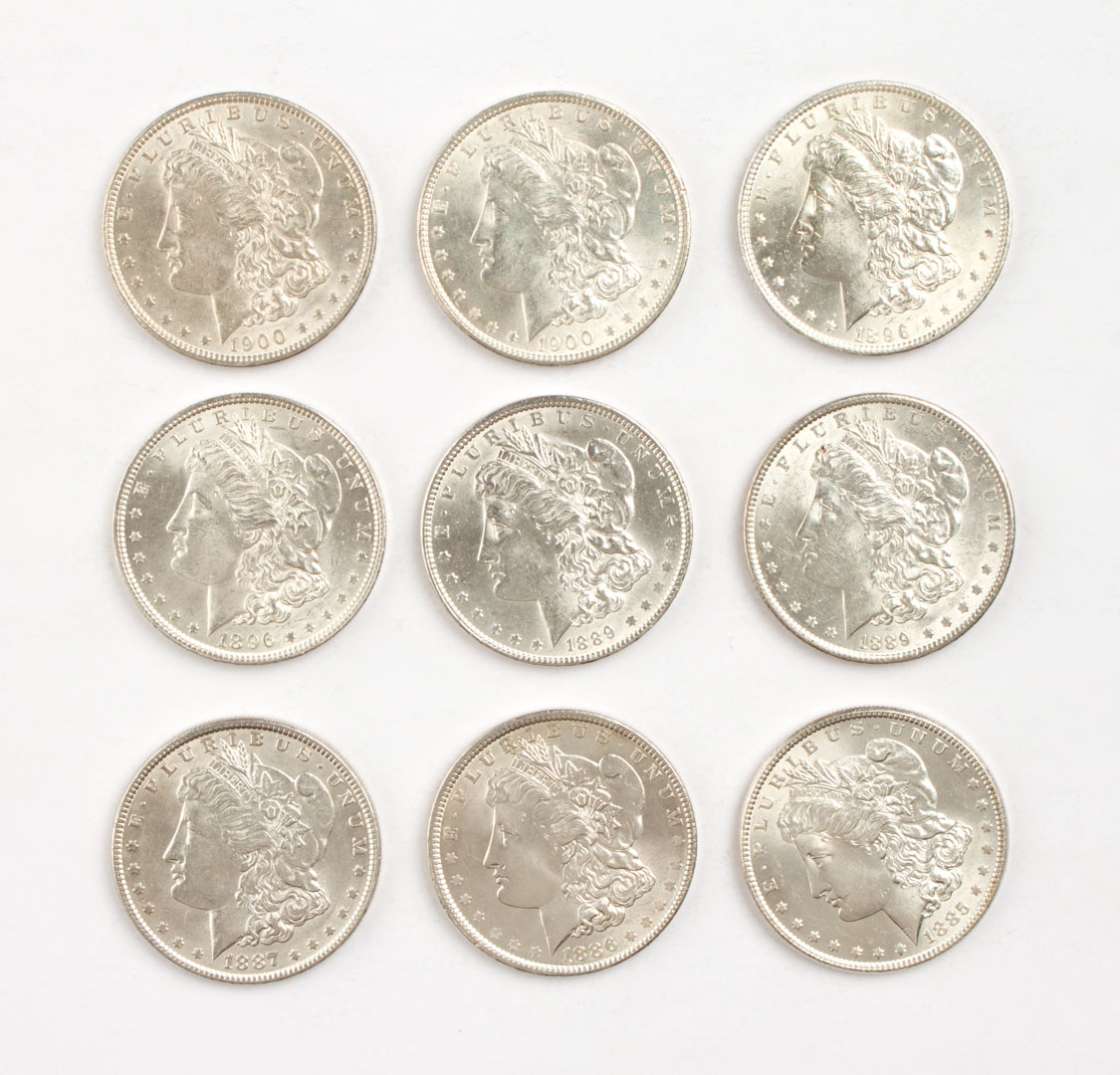 Appraisal: Nine U S Morgan type silver dollars - comprising two