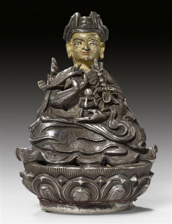 Appraisal: A SMALL SILVER ALLOY FIGURE OF PADMASAMBHAVA AS GURU RINPOCHE