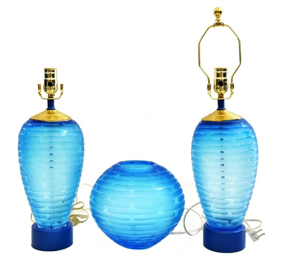 Appraisal: SUITE OF THREE ART GLASS AQUA-COLORED ITEMSModern Comprising a pair