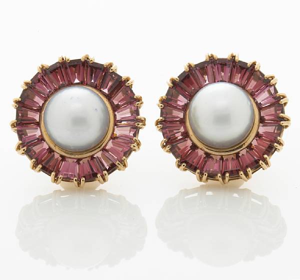 Appraisal: A pair of cultured pearl and rhodolite garnet earrings Nardi