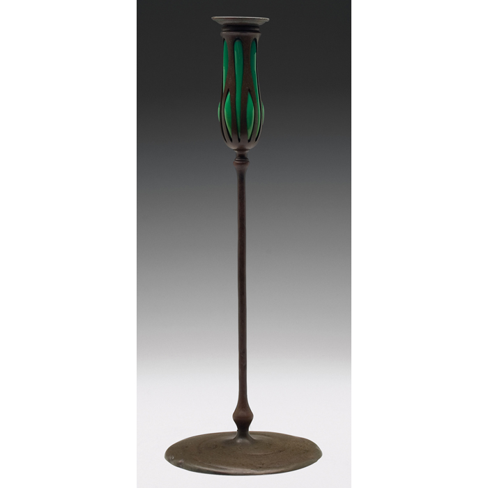 Appraisal: Tiffany Studios candlestick large form in bronze with blown green