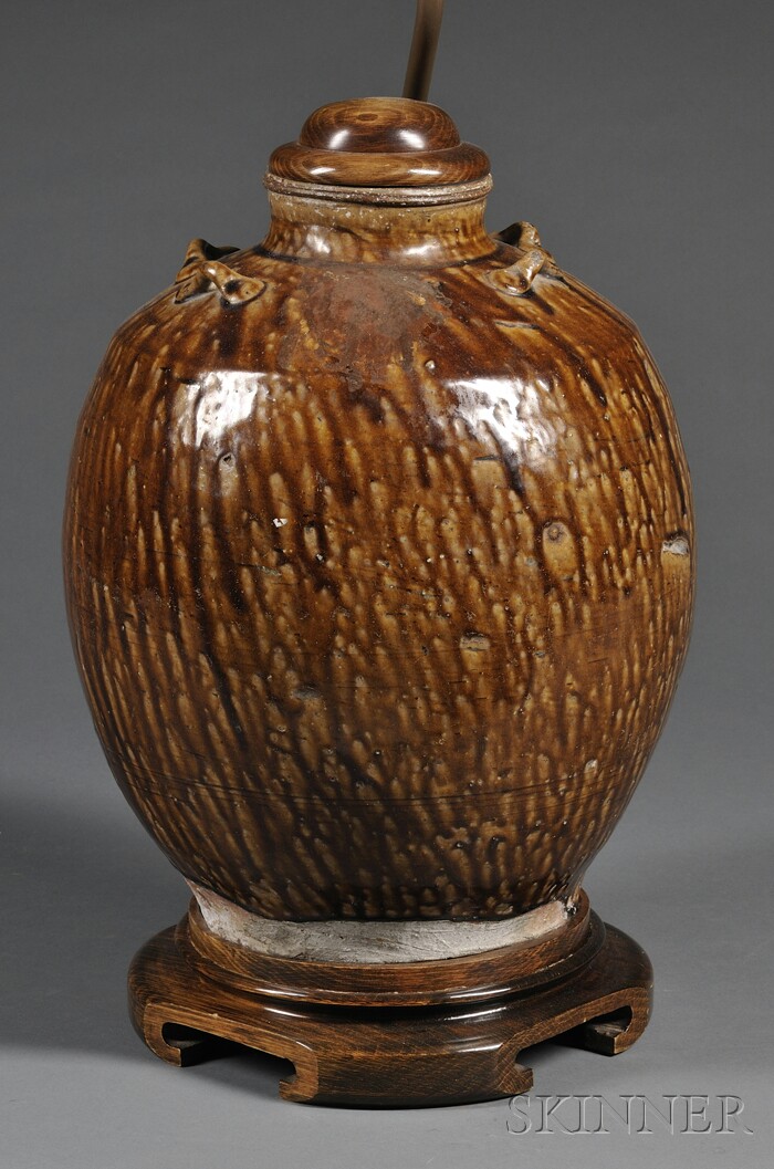 Appraisal: Pottery Jar Japan th century brown glaze with four lugs