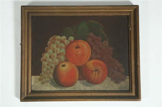 Appraisal: STILL LIFE PAINTING Peaches and grapes Crazing Framed h w