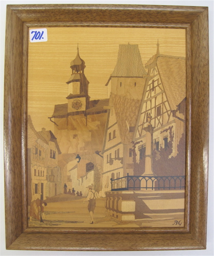 Appraisal: GERMAN MARQUETRY INLAID HARDWOOD BAVARIAN STREET SCENE inlaid with monogram