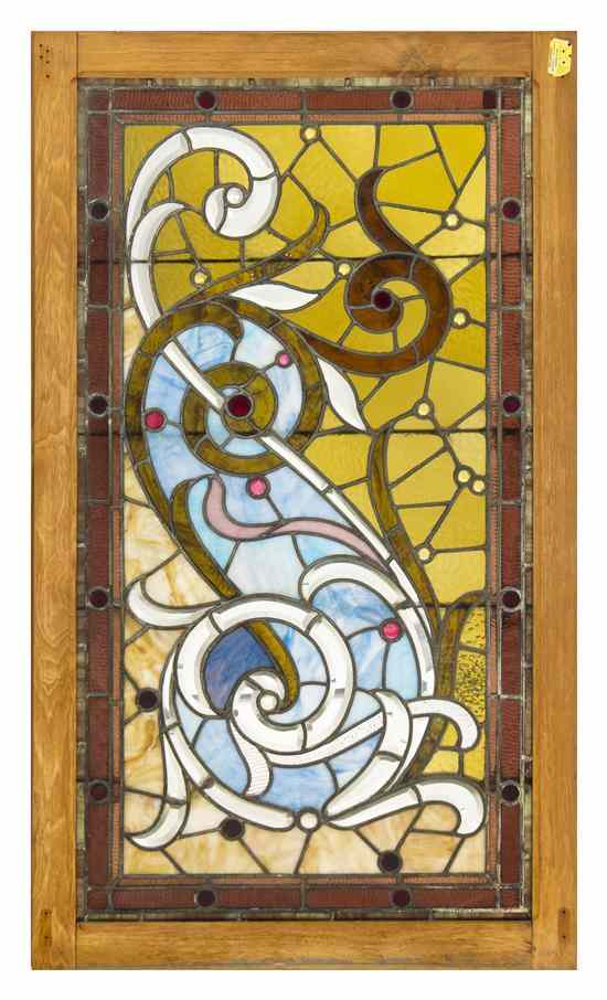 Appraisal: An American Leaded Glass Window of rectangular form with scrolling