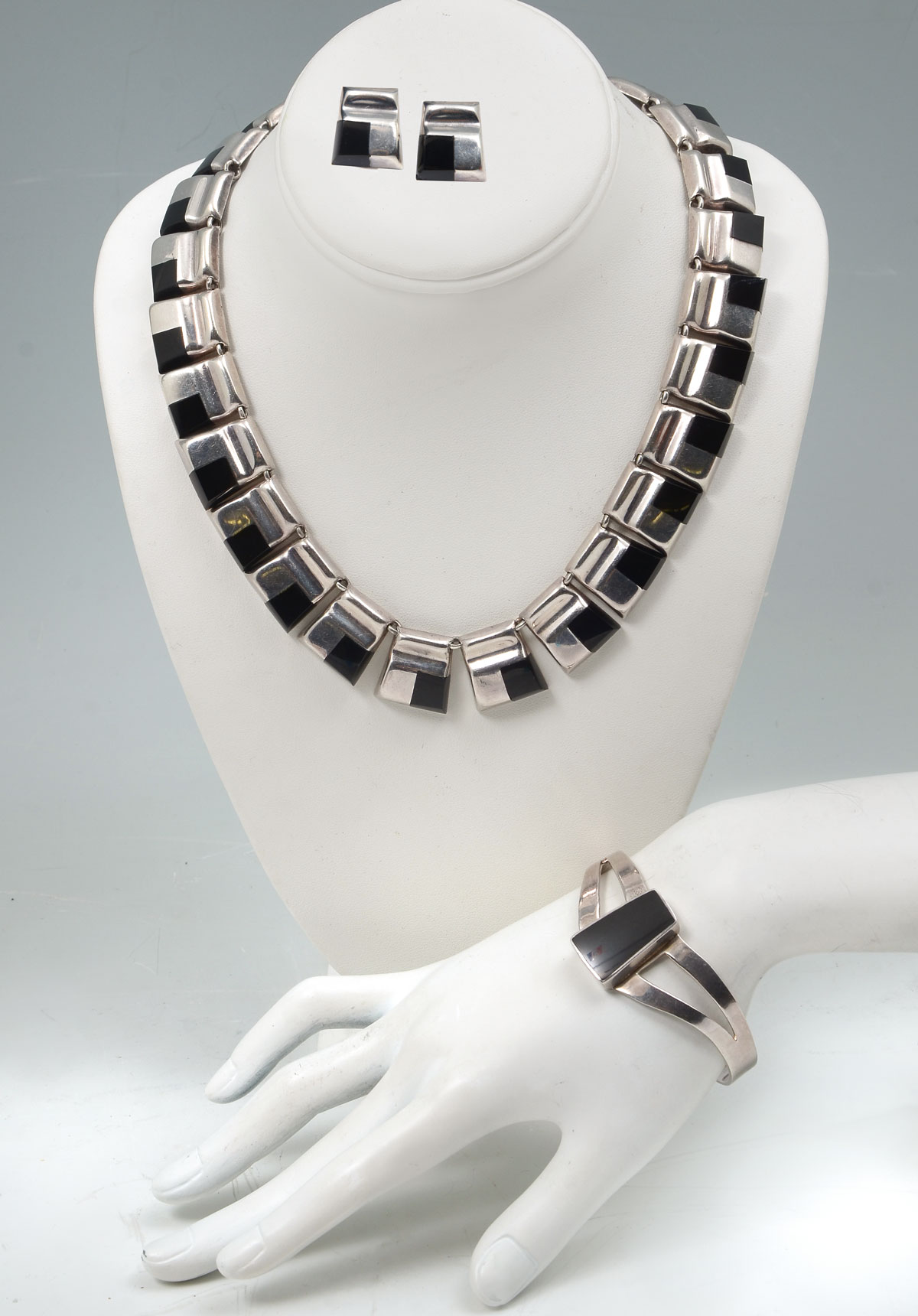 Appraisal: TAXCO STERLING WITH ONYX - NECKLACE BRACELET EARRINGS Amazing well-made