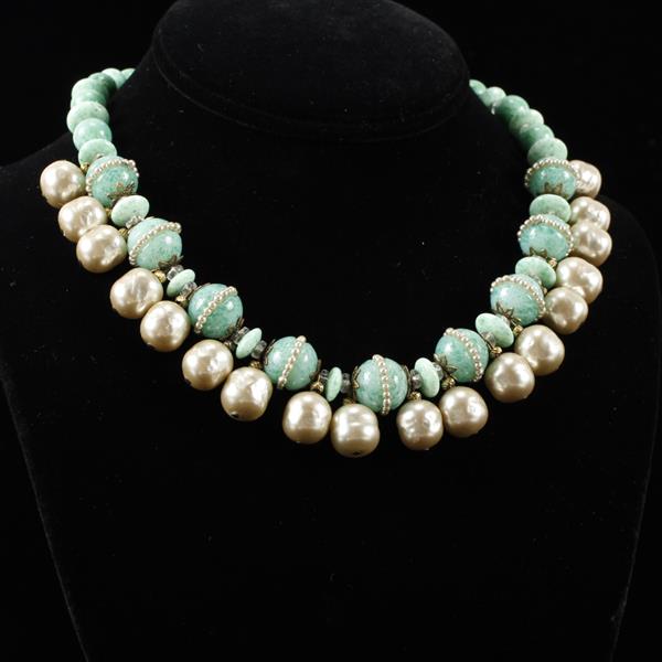 Appraisal: Unmarked French Green Peking Glass Beaded Necklace with Faux Drop