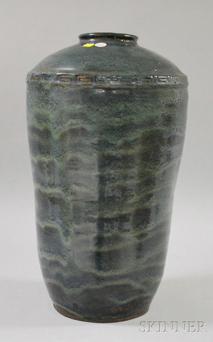 Appraisal: Drip Glazed Art Pottery Floor Vase with Greek Key Band