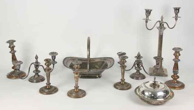 Appraisal: Two pairs of Old Sheffield plate candlesticks two candelabra and