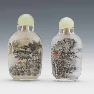 Appraisal: Two Reverse Painted Snuff Bottles Both of flattened ovoid form