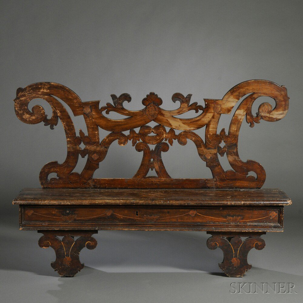 Appraisal: Italian Renaissance-style Marquetry-inlaid Walnut Hall Bench th century composed of