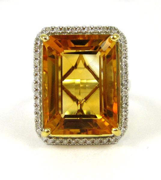 Appraisal: CITRINE DIAMOND AND FOURTEEN KARAT WHITE GOLD RING with round-cut