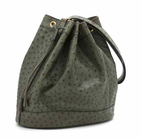 Appraisal: An Hermes 'Market' Green Ostrich Tote with drawstring closure designed