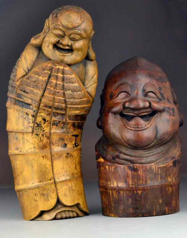 Appraisal: Chinese Bamboo Figural CarvingsFinely carved to depict happy Buddha's largest