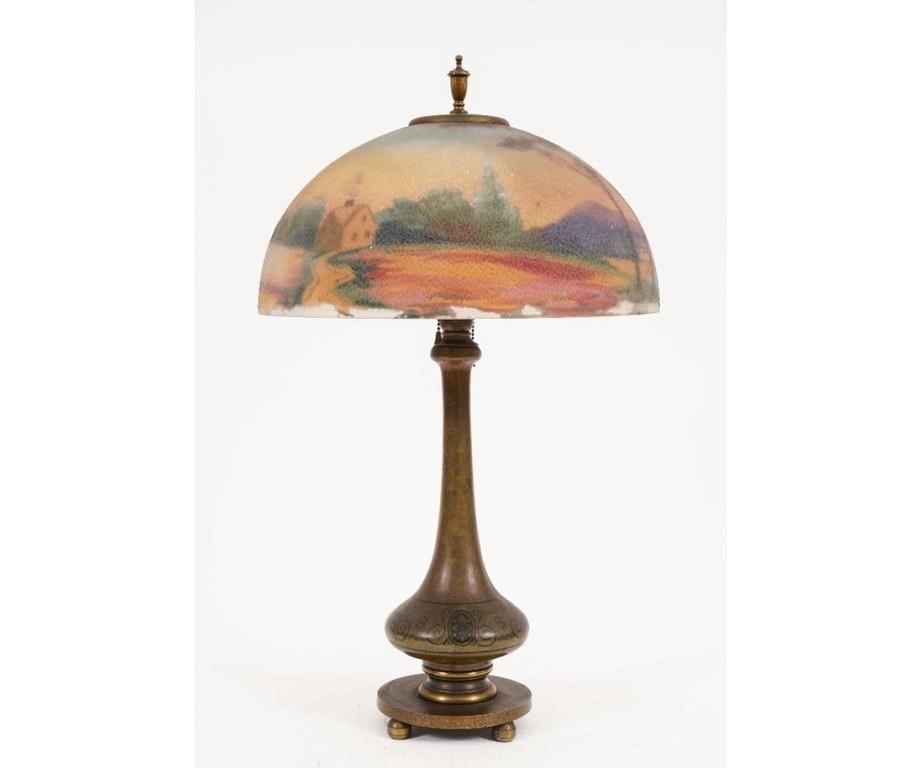 Appraisal: Bradley Hubbard faux bronze metal table lamp with reverse painted