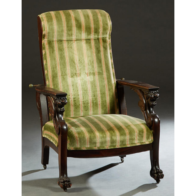 Appraisal: Carved Oak Morris Reclining Chair c the adjustable padded rectangular