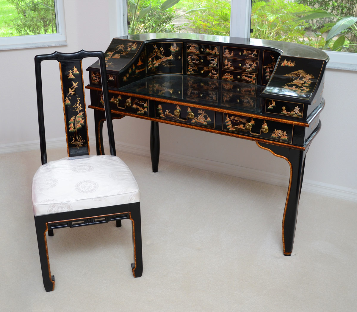 Appraisal: CHINESE BLACK LACQUER CARLTON DESK WITH CHAIR Black lacquer and