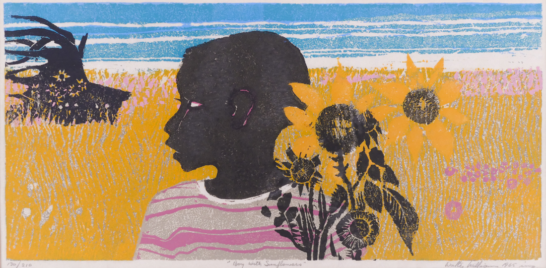 Appraisal: Walter Williams - American ''Boy with Sunflowers'' Woodcut on Faux