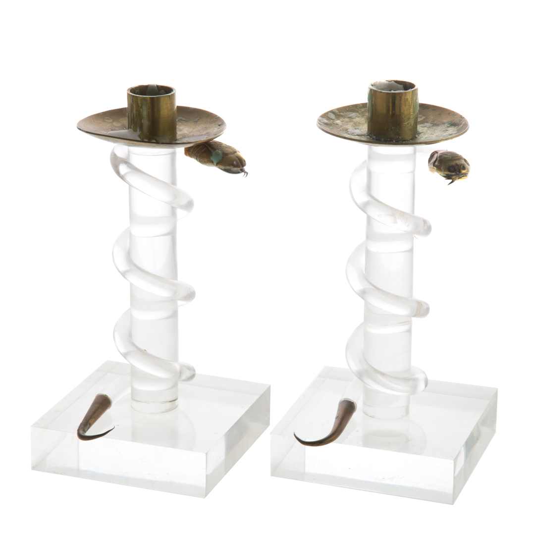 Appraisal: Pair Alessandro Albrizzi lucite candlesticks circa the standard with coiled