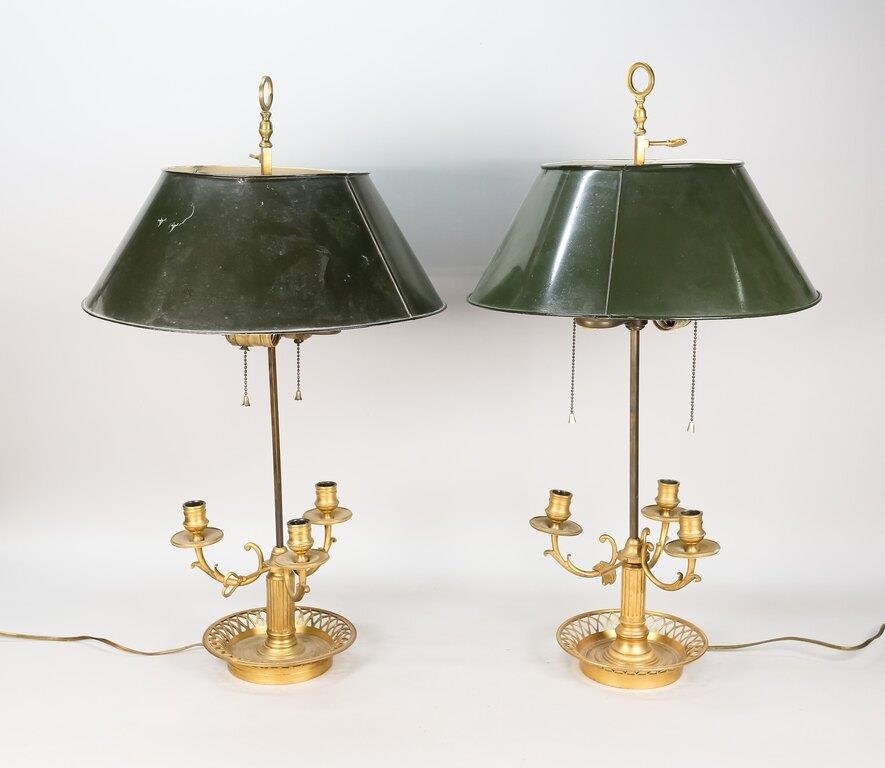 Appraisal: Pair brass bouillotte lamps with tole shades Each approximately H