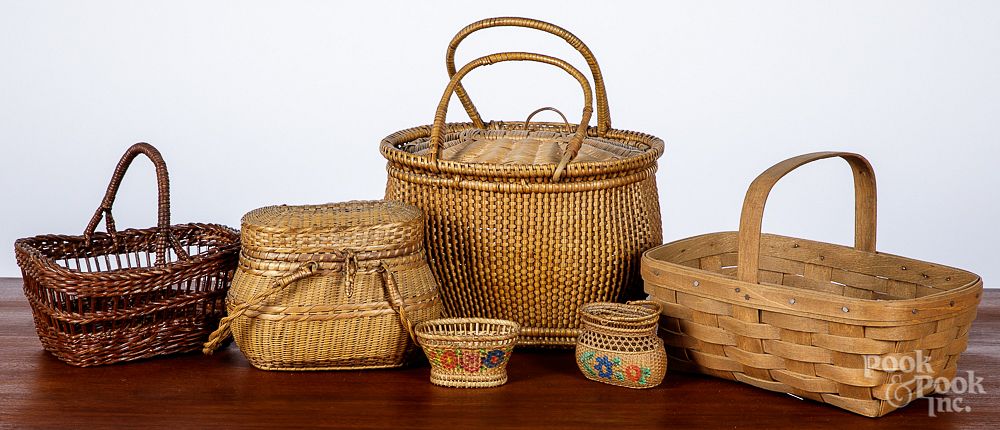 Appraisal: Six assorted baskets Six assorted baskets to include two miniature