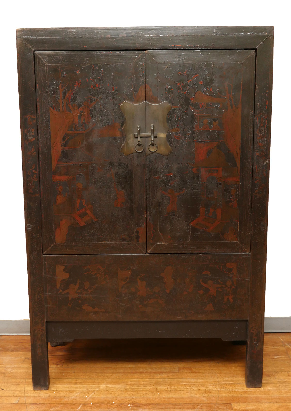 Appraisal: TALL EARLY DOOR RED LACQUER CABINET Early Chinese cabinet having