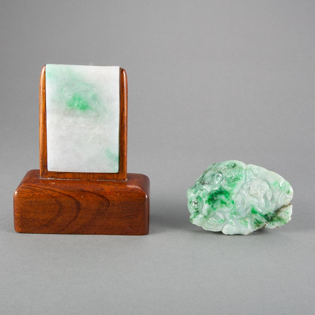 Appraisal: Two Chinese Jadeite Buckles Comprising one of rectangular shape with