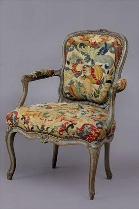 Appraisal: LOUIS XV CARVED AND GREY-PAINTED FAUTEUIL WITH FLORAL NEEDLEWORK UPHOLSTERY