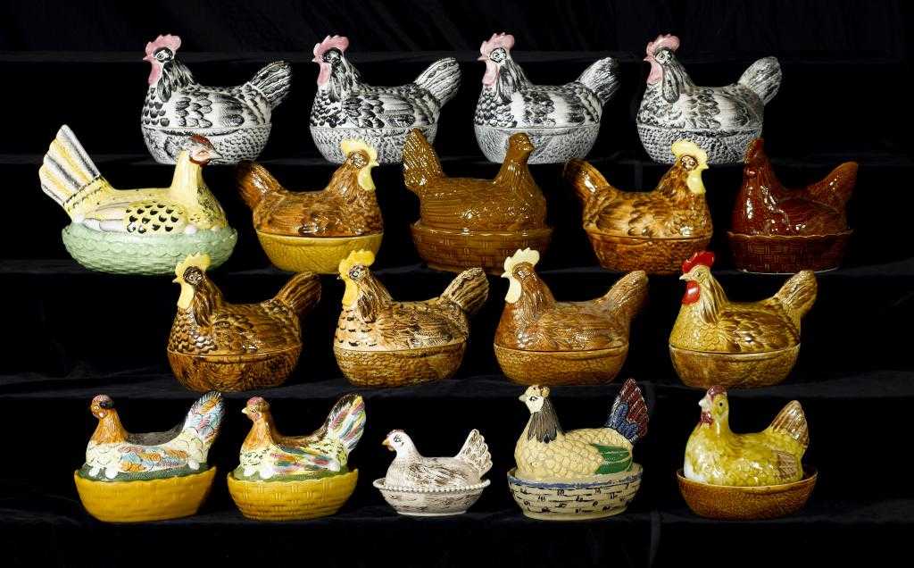 Appraisal: EIGHTEEN STAFFORDSHIRE EARTHENWARE HEN AND NEST EGG BOXES AND COVERS