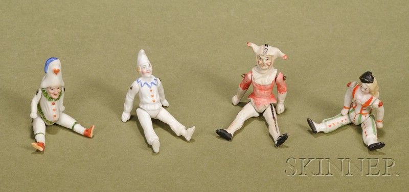 Appraisal: Four Small All-Bisque Novelty Dolls Germany late th century untinted